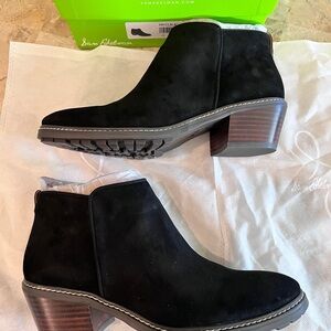 New Sam Edelman Pryce Black Suede Weatherproof Zip Ankle Booties Wooden Heel 8M
